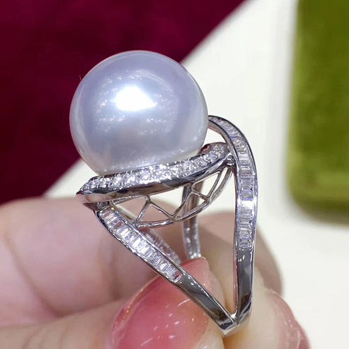 Large Faux Pearl Crossover Statement Ring Metal Jewelry Design shown from an alternate angle
