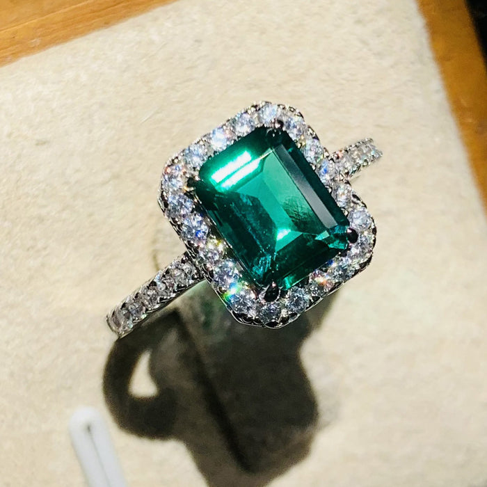 Green Emerald-Cut Solitaire Halo Slim Ring Silver Tone