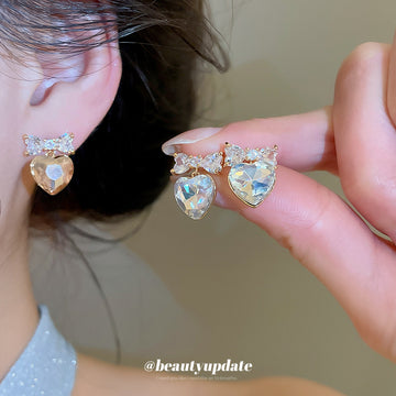Gold Tone Crystal Heart Stud Earrings with Bow Details