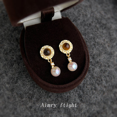 Gold brown stone studs pearl drops in velvet box