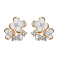 Gold Tone White Flower Pearl And Clear Stone Cluster Stud Earrings view 5