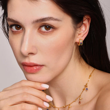 Gold Multicolor Baguette Glass Stone Ear Cuffs Beaded Edge