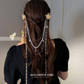 Gold Tone Floral Hair Clip With Pearl And Chain Drapes view 1