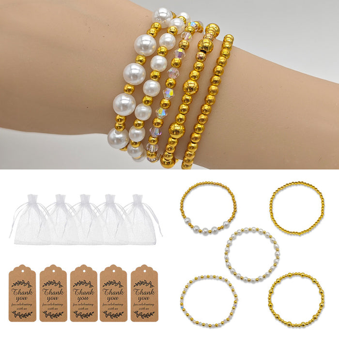 Five Piece Pearl Gold Bead Stretch Bracelet Stack Set