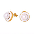 Pearl Center White Enamel Disc Stud Earrings Gold Rim view 5