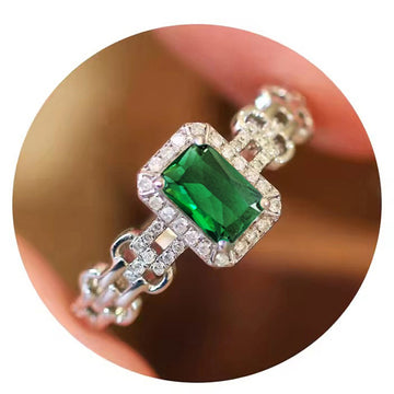 Silver Emerald-Cut Green Halo Geometric Link Finger Ring