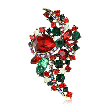 Leaf Cluster Crystal Brooch in Red and Green Colorways