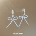 White Crystal Bow Chain Tassel Drop Earrings For Women view 4