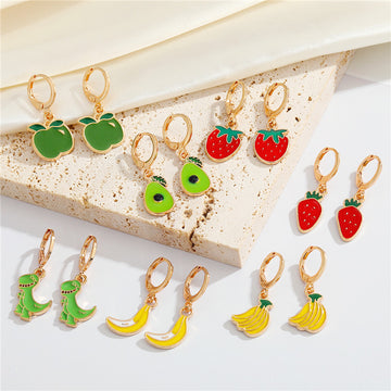 Gold Tone Enamel Fruit and Dinosaur Huggie Drop Earrings in Seven Designs