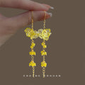 Gold Tone Lemon Yellow Flower Cluster And Chain Tassel Hook Earrings view 3