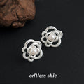 Silver Textured Camellia Flower Pearl Stud Earrings view 4