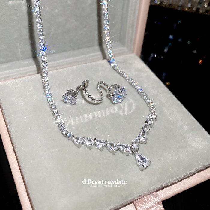 Silver CZ Graduated Teardrop Pendant Necklace Ear Clip Set