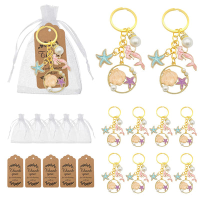 A product collage shows a packaged ocean charm keychain, white organza bags, thank-you tags and multiple keychains.
