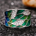 Green Blue Enamel Leaf Crystal Wide Band Ring Sizes 6-10 view 3
