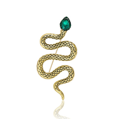 Gold snake brooch green teardrop head gem on white