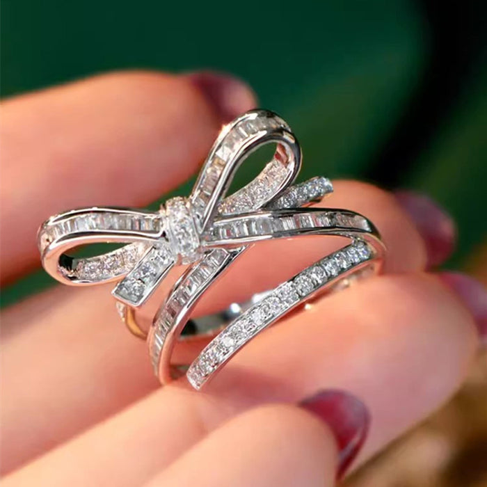 Baguette Clear Stone Bow Multi-Rail Ring In Silver Tone