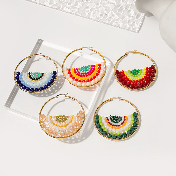 Gold Beaded Fan Hoop Earrings Multicolor Seed Beads