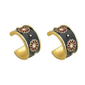 Gold Half Hoop Stud Earrings Black Enamel Red Daisy Flowers view 5
