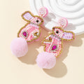 Pink Seed Bead Bunny Rabbit Earrings With Fluffy Pom Pom Tail view 4