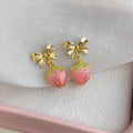 Gold Tone Bow And Pink Strawberry Resin Drop Stud Earrings view 4