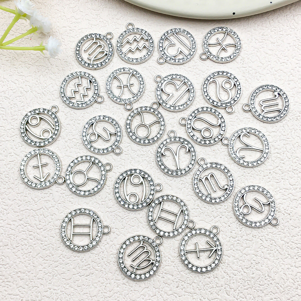 Rhinestone Zinc Alloy Zodiac Round Tag charm pendants for DIY keychains bracelets necklaces