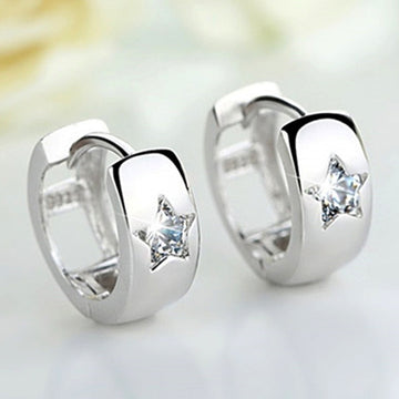 Silver Wide Band Star Clear CZ Huggie Hoop Earrings