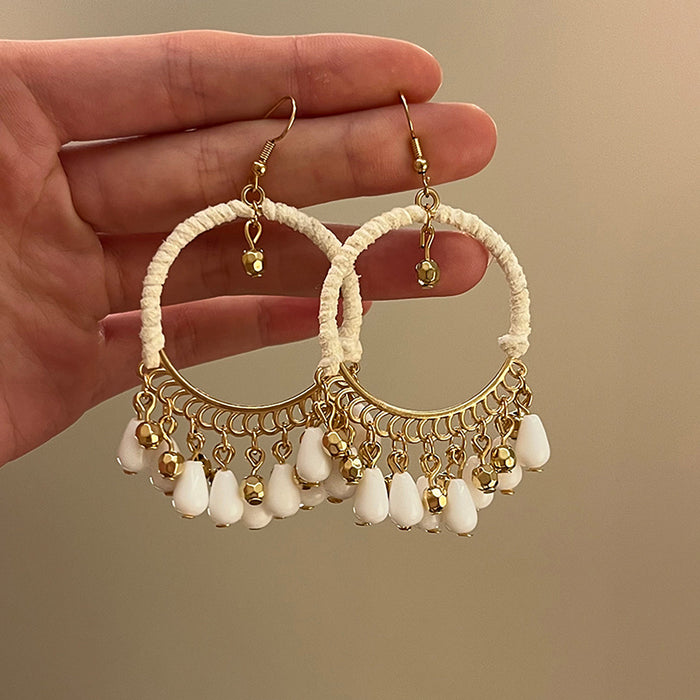 Woven Hoop Tassel Earrings In Ivory And Brown Statement Jewelry Design