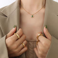 Gold Ball Chain Green Oval Zircon Square Pendant Necklace view 4