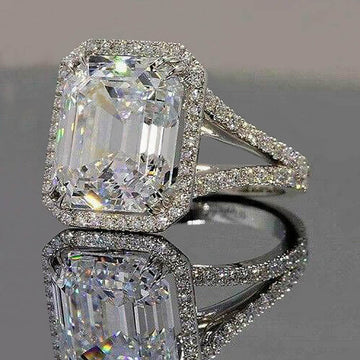 Oversized Rectangular Solitaire Halo Split Pave Ring In Silver Tone