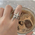 Silver Four Point Star Open Ring Abstract Dual Band view 1