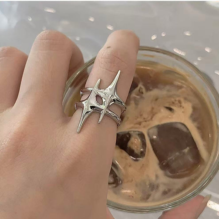 Silver Four Point Star Open Ring Abstract Dual Band