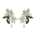 White Lace Floral Earrings With Green Leaves and Bead Drops view 5