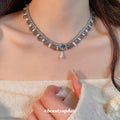 Silver Gray Blue Beaded Scallop Necklace with Teardrop Accent view 3