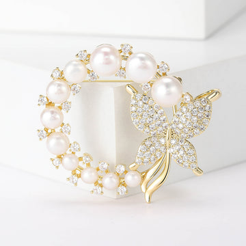 Pearl Butterfly Wreath Brooch Crystal Pave Circle Pin