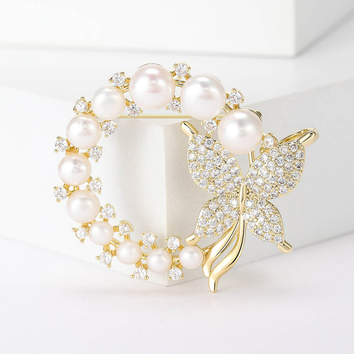 Pearl Butterfly Wreath Brooch Crystal Pave Circle Pin