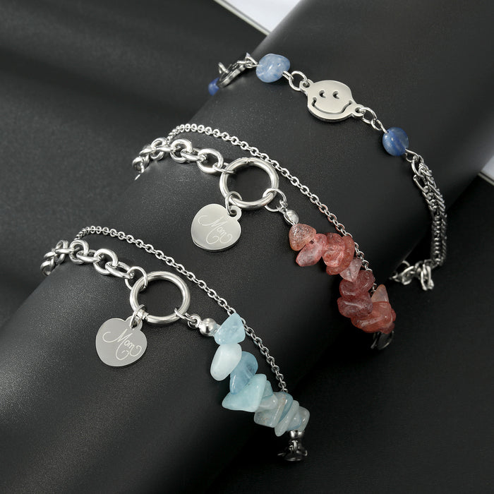 Silver Tone Stone Chip and Smiley Face Layered Chain Bracelets
