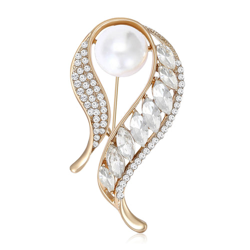珍珠水钻卷曲叶片 brooch shown from the front on a white background