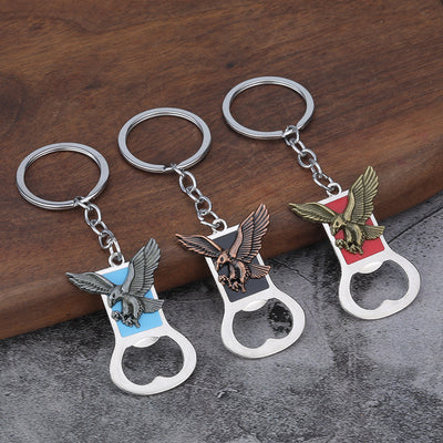 Three eagle bottle opener keychains displayed in blue, black, and red color combinations.
