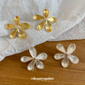 Brushed Five Petal Flower Stud Earrings in Gold and Silver view 4