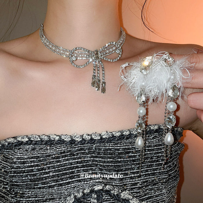 Silver Crystal Pearl Bow Necklace White Feather Tassel Earrings