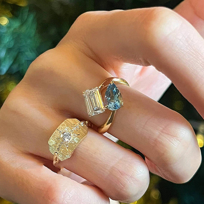 Gold Open Dual Stone Ring Blue Pear Clear Emerald Cut