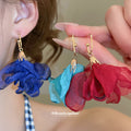 Sheer Fabric Flower Drop Earrings In Three Vivid Colors view 2