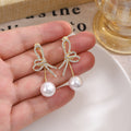 Gold Crystal Look Bow Pearl Look Convertible Stud Earrings view 3
