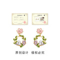 Pink Flower White Rabbit Leaf Wreath Drop Earrings view 3