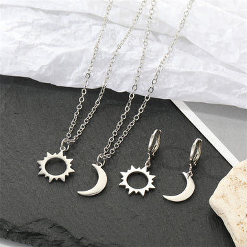 Silver Tone Openwork Sun and Crescent Necklace and Earring Options