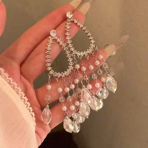 Crystal Teardrop Chandelier Earrings with Pearl Fringe