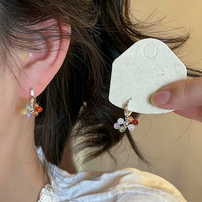 Silver Tone Hoop Earrings With Multicolor Bead Clusters