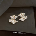 Silver Tone Clear Stone Double Fan Drop Stud Earrings view 1