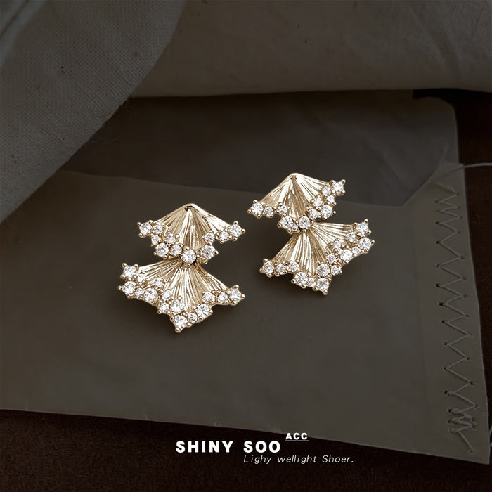 Silver Tone Clear Stone Double Fan Drop Stud Earrings