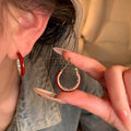Red Enamel and Crystal Gold Tone Hoop Earrings With Metal Details view 3